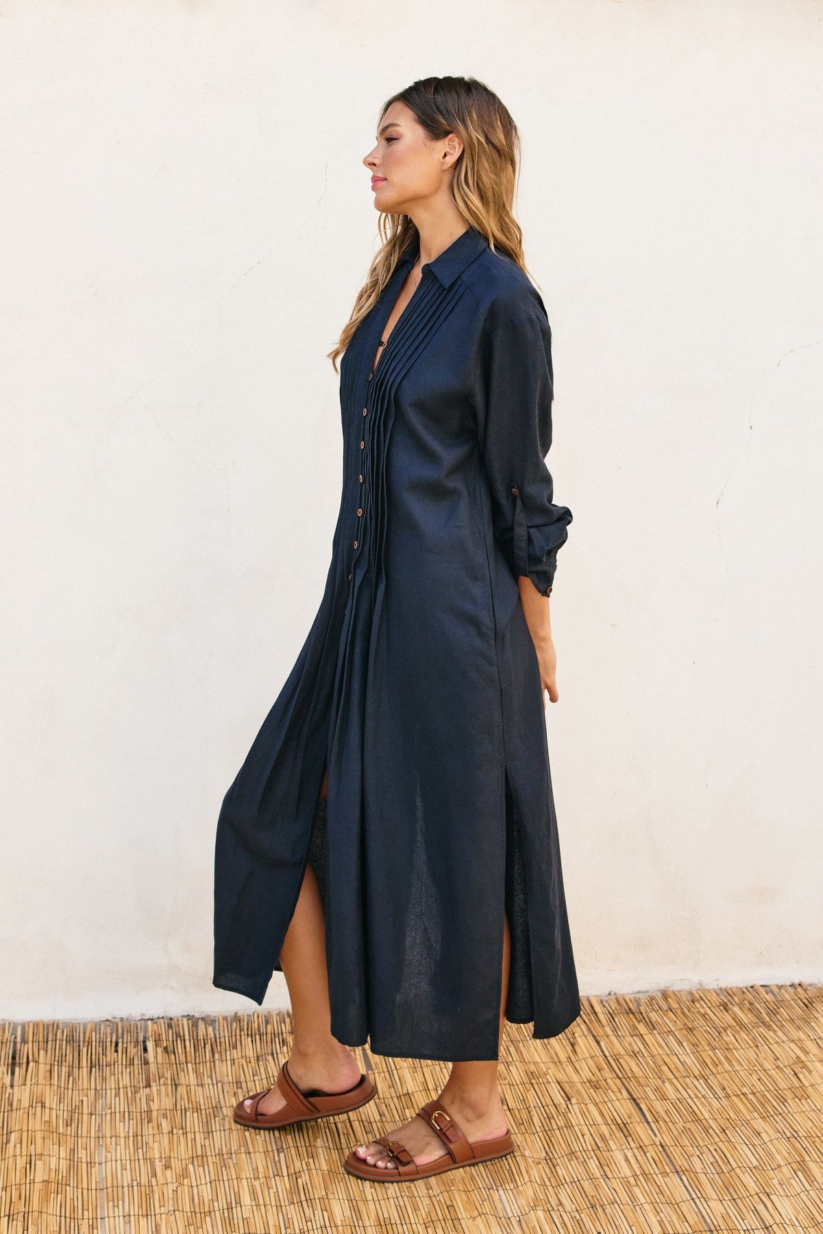 Cotton Linen Pleated Longline Shirt Dress