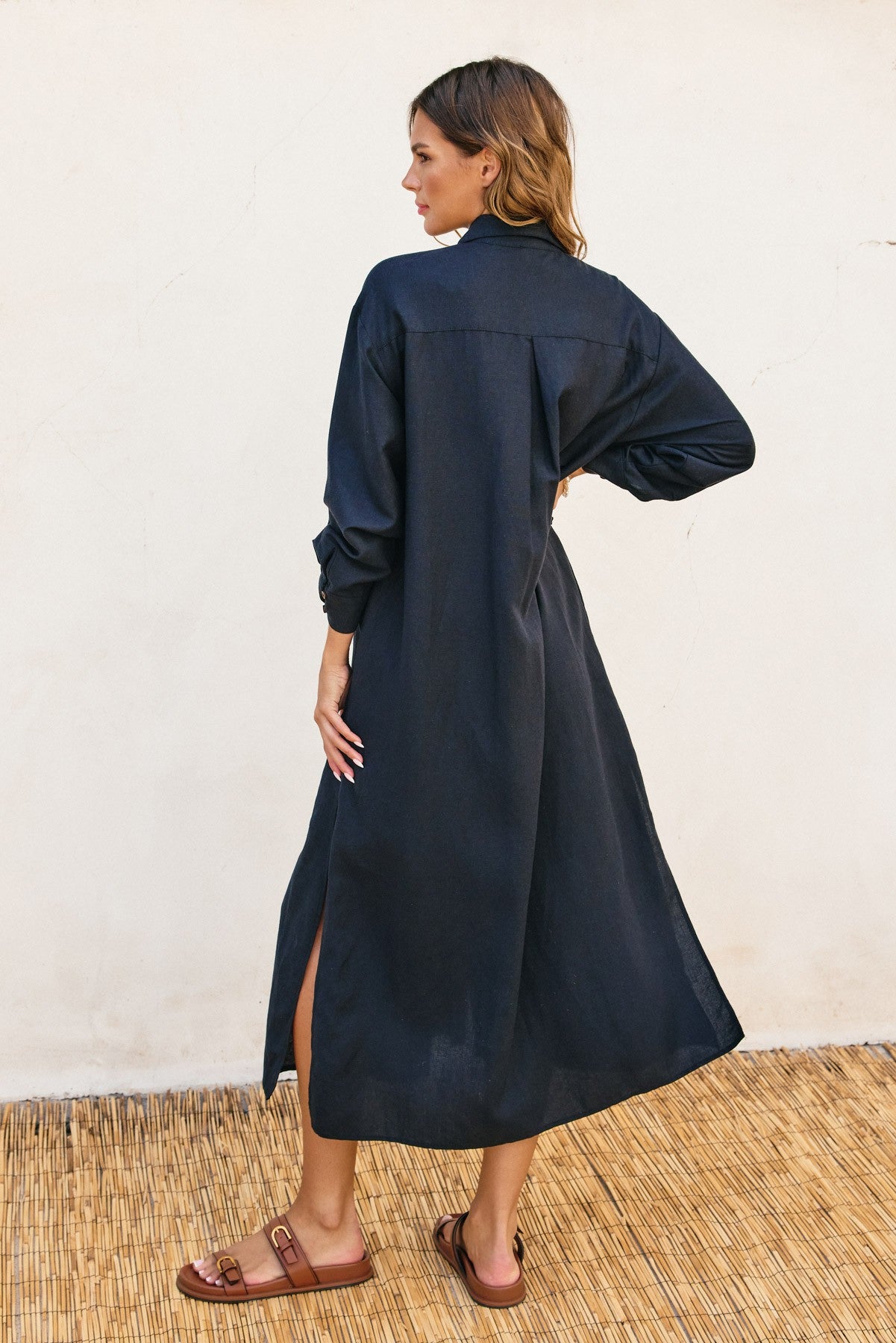 Cotton Linen Pleated Longline Shirt Dress