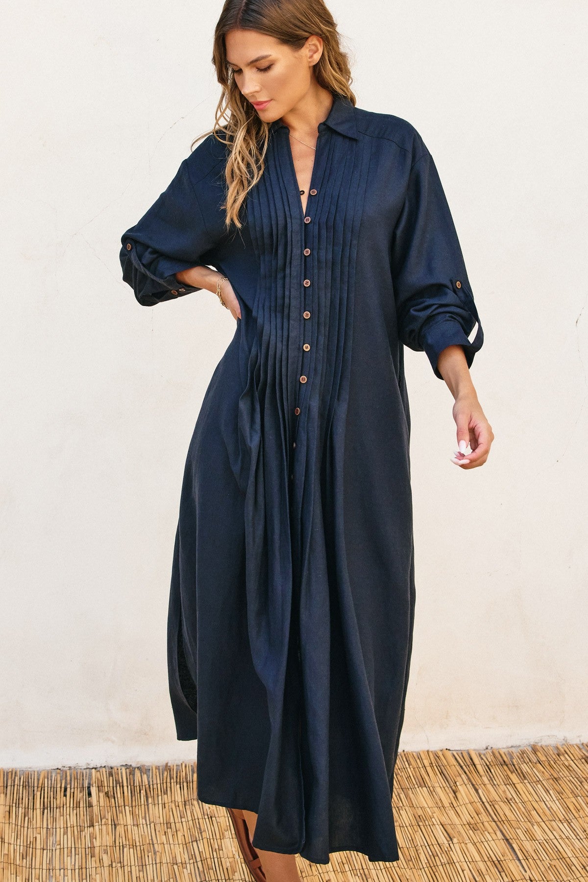 Cotton Linen Pleated Longline Shirt Dress