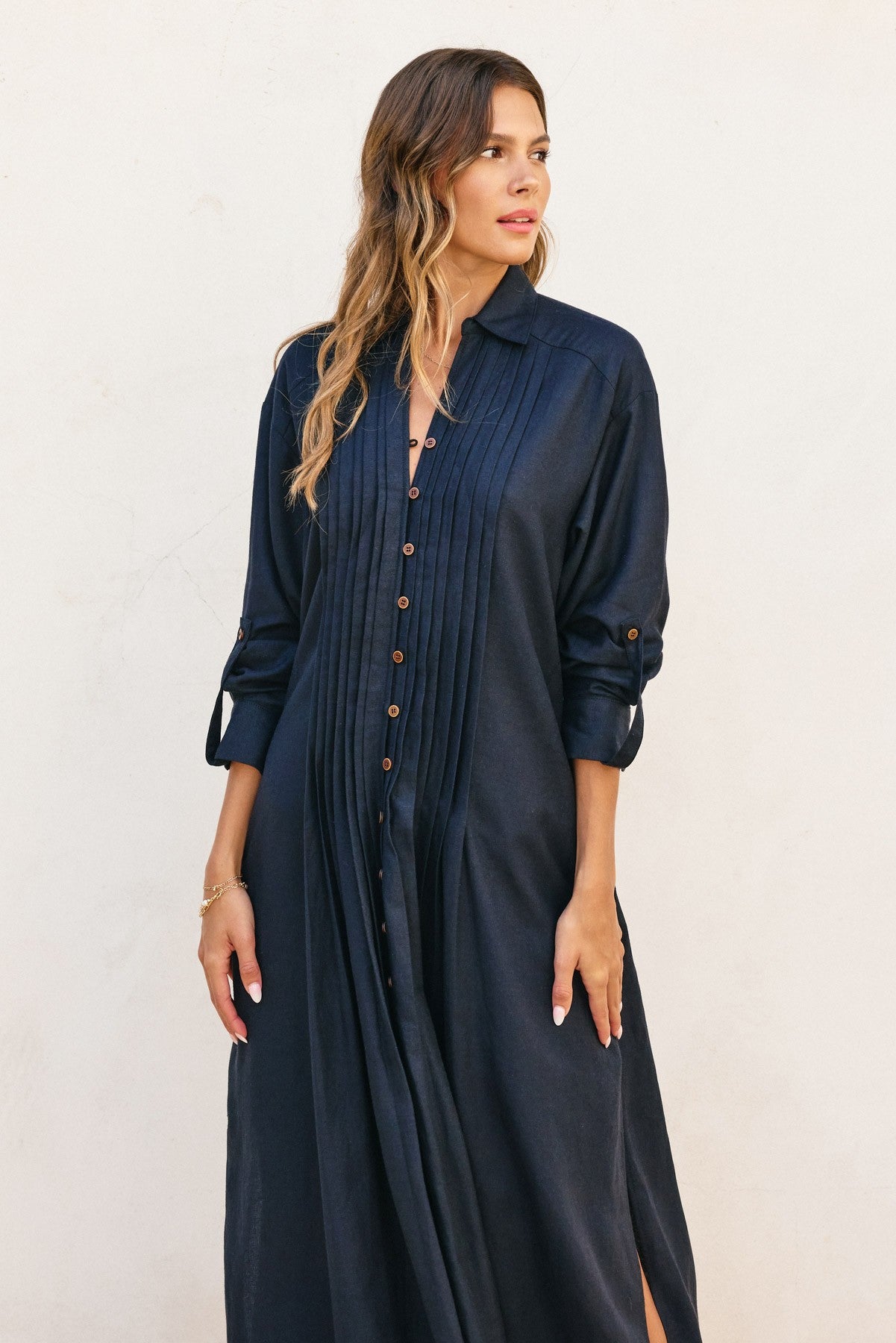 Cotton Linen Pleated Longline Shirt Dress