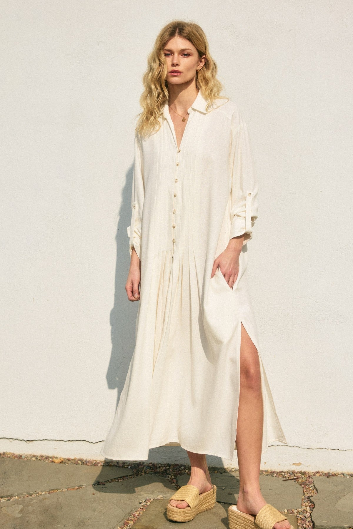 Cotton Linen Pleated Longline Shirt Dress