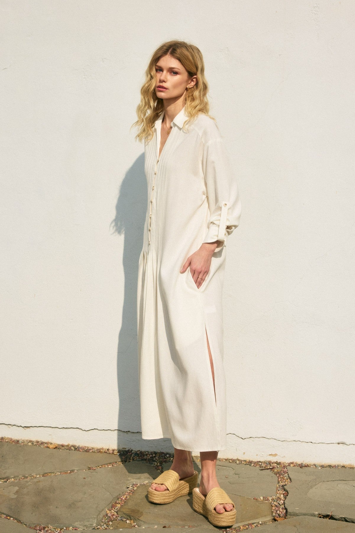 Cotton Linen Pleated Longline Shirt Dress