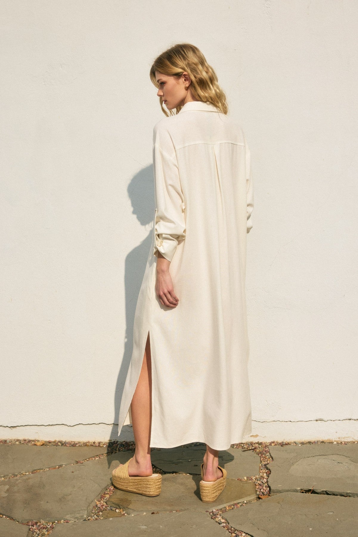 Cotton Linen Pleated Longline Shirt Dress