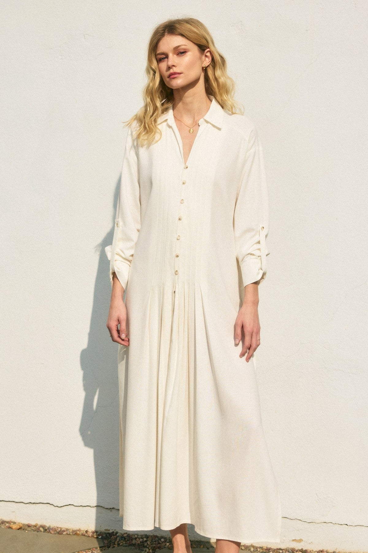 Cotton Linen Pleated Longline Shirt Dress