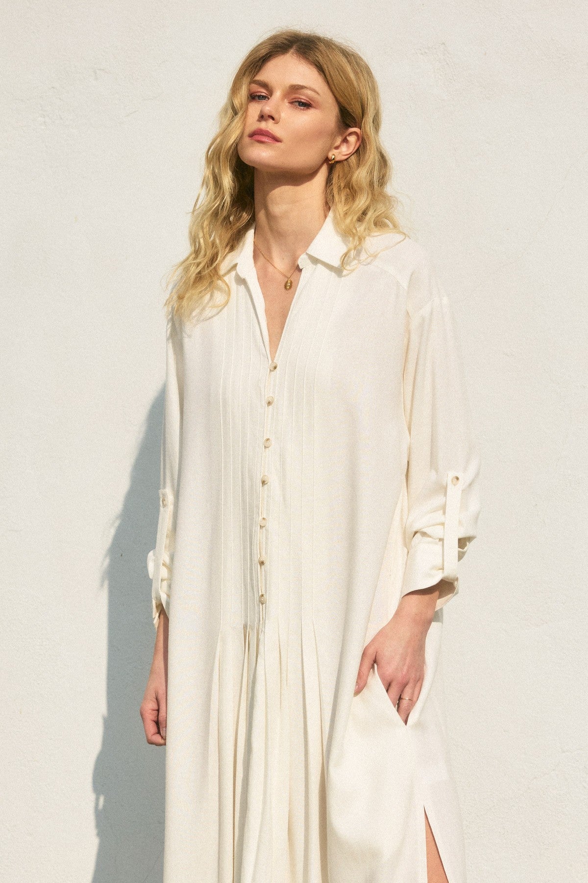 Cotton Linen Pleated Longline Shirt Dress