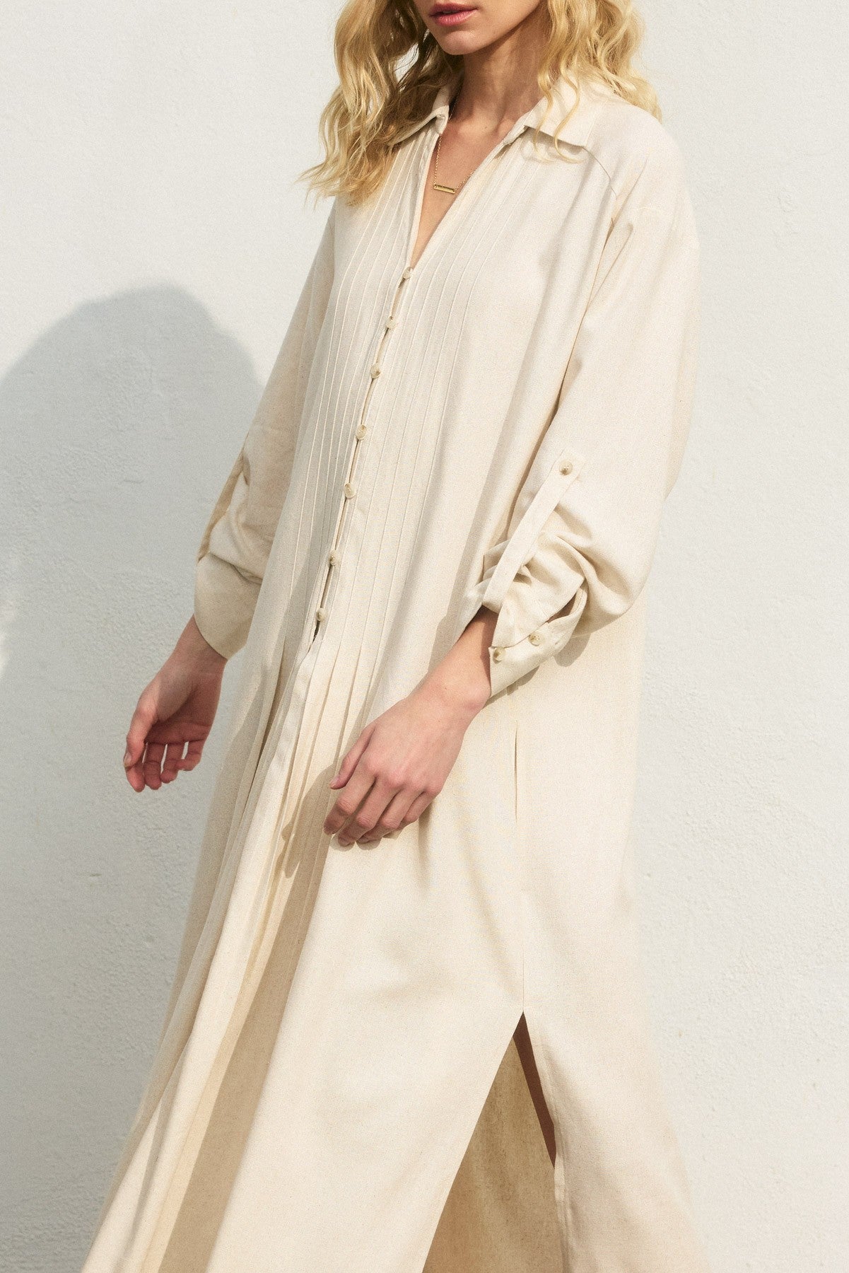 Cotton Linen Pleated Longline Shirt Dress