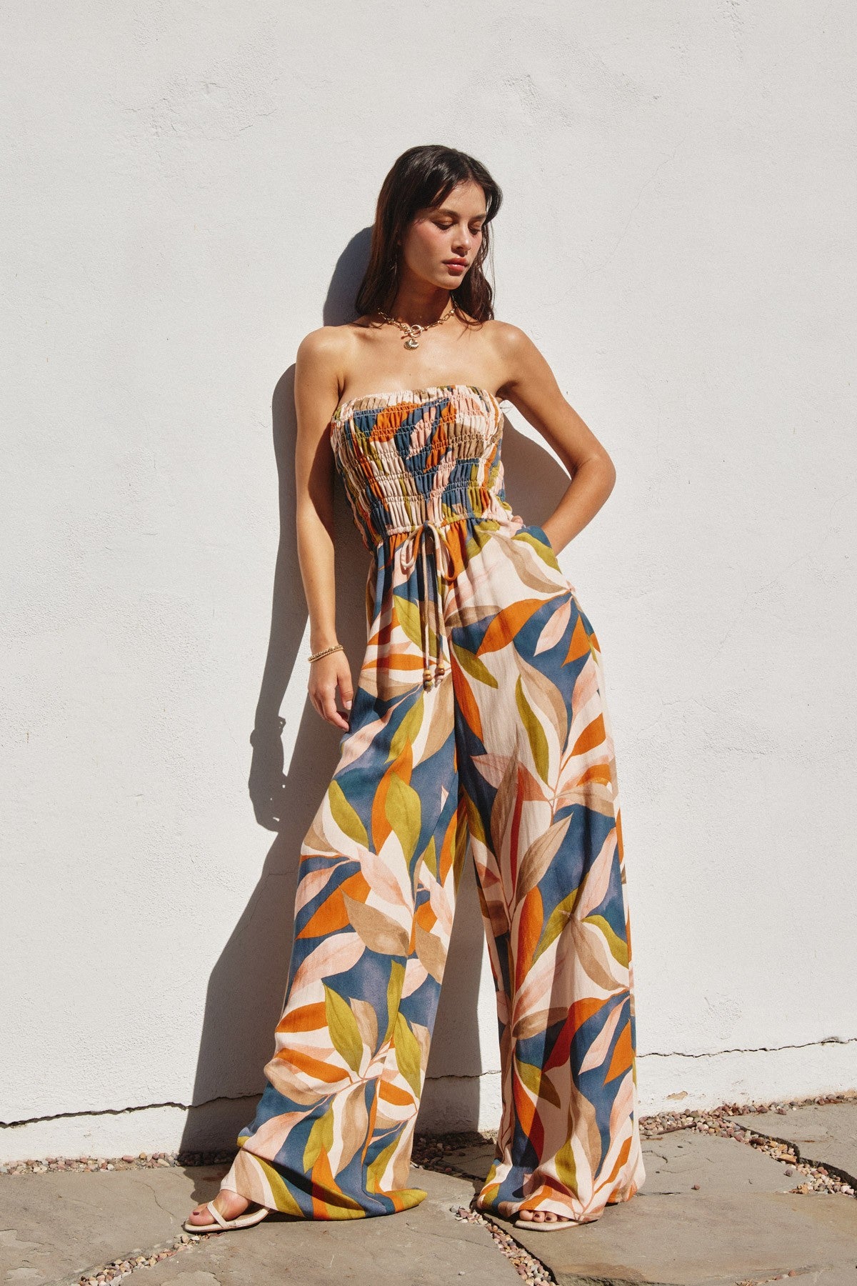 Destinations Smocked Top Wide Leg Jumpsuit