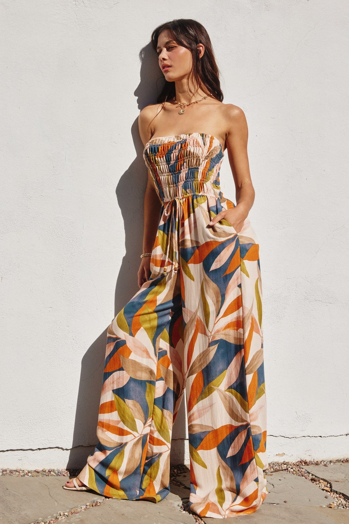 Destinations Smocked Top Wide Leg Jumpsuit