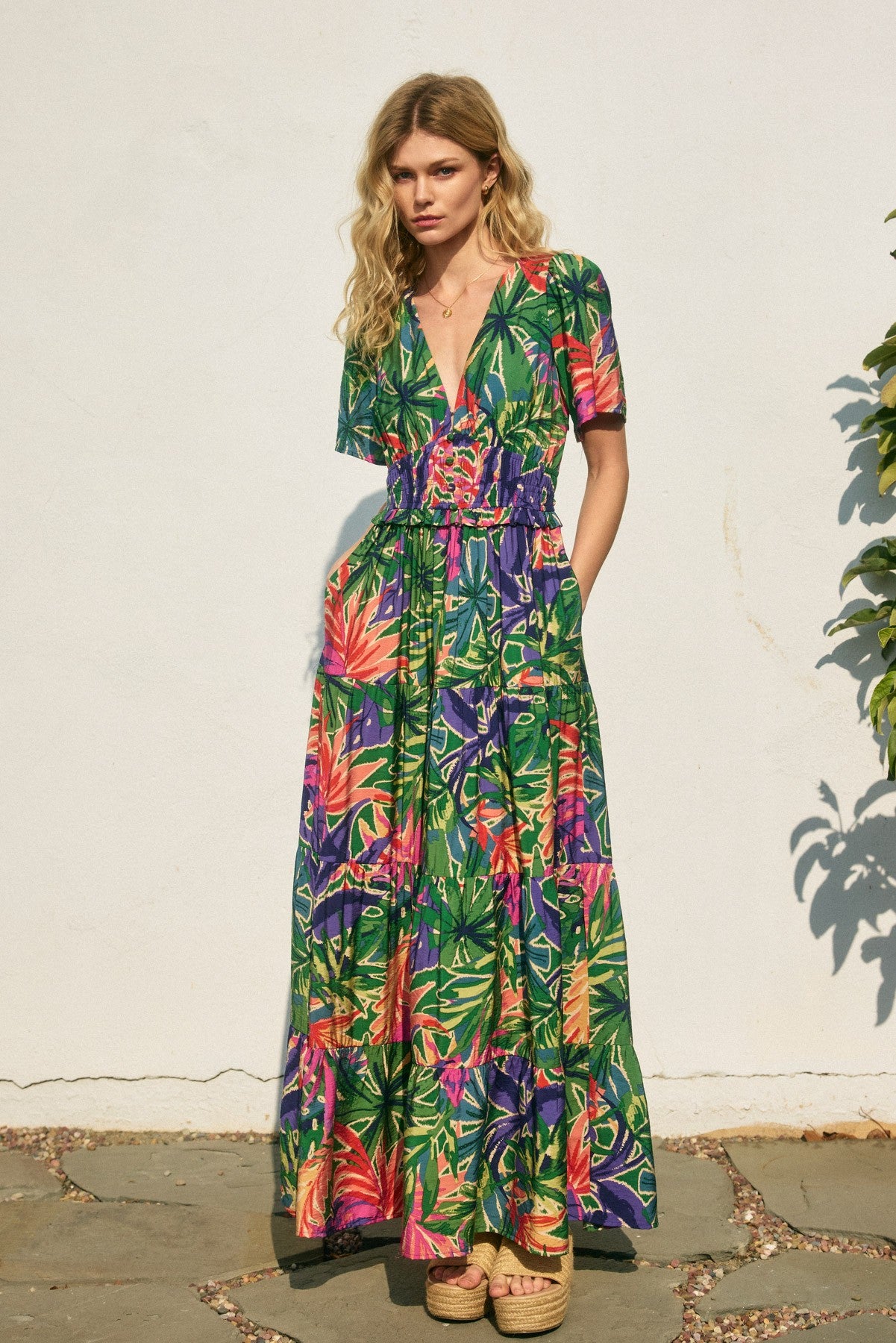 Make Waves Plunging Tiered Maxi Dress