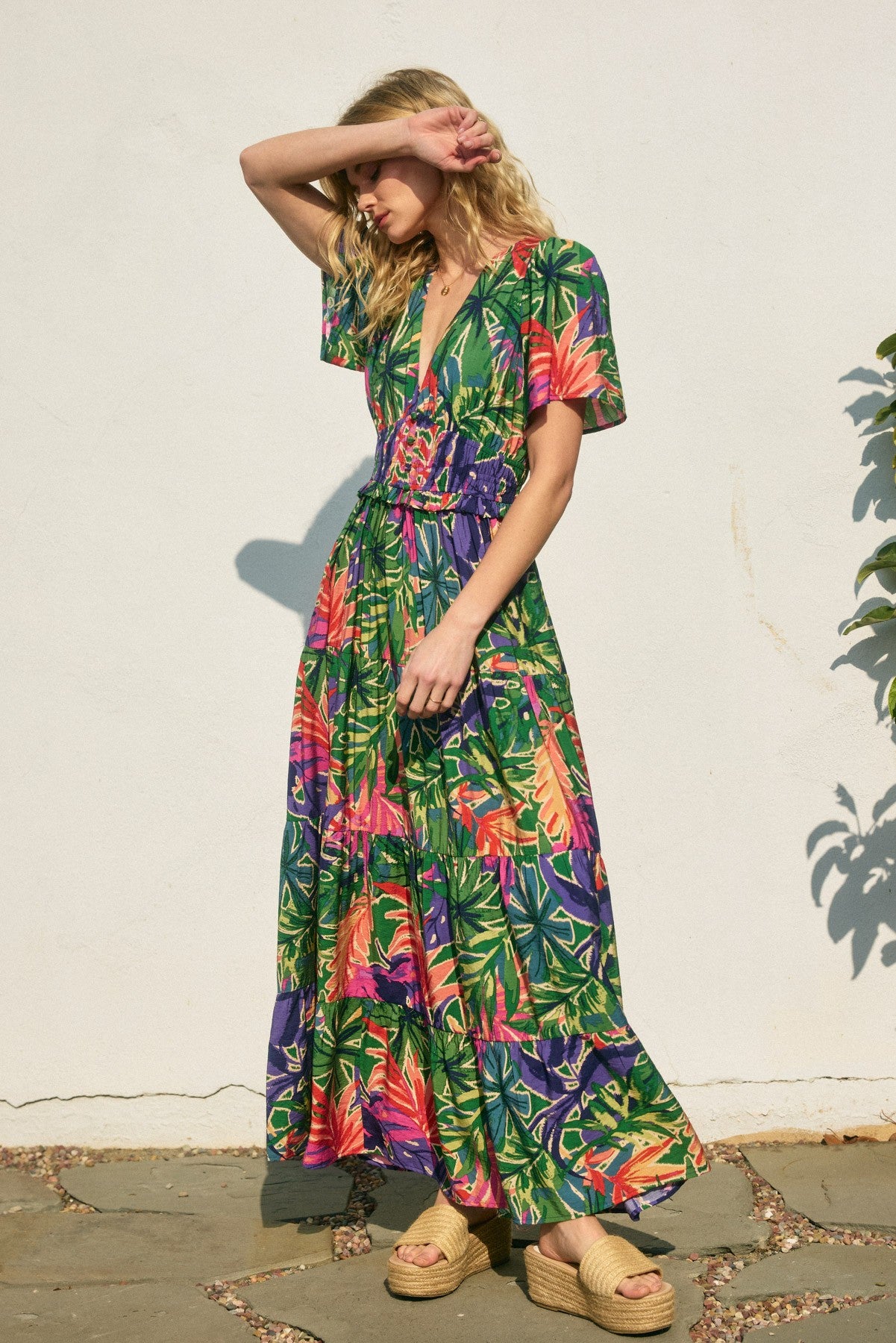 Make Waves Plunging Tiered Maxi Dress