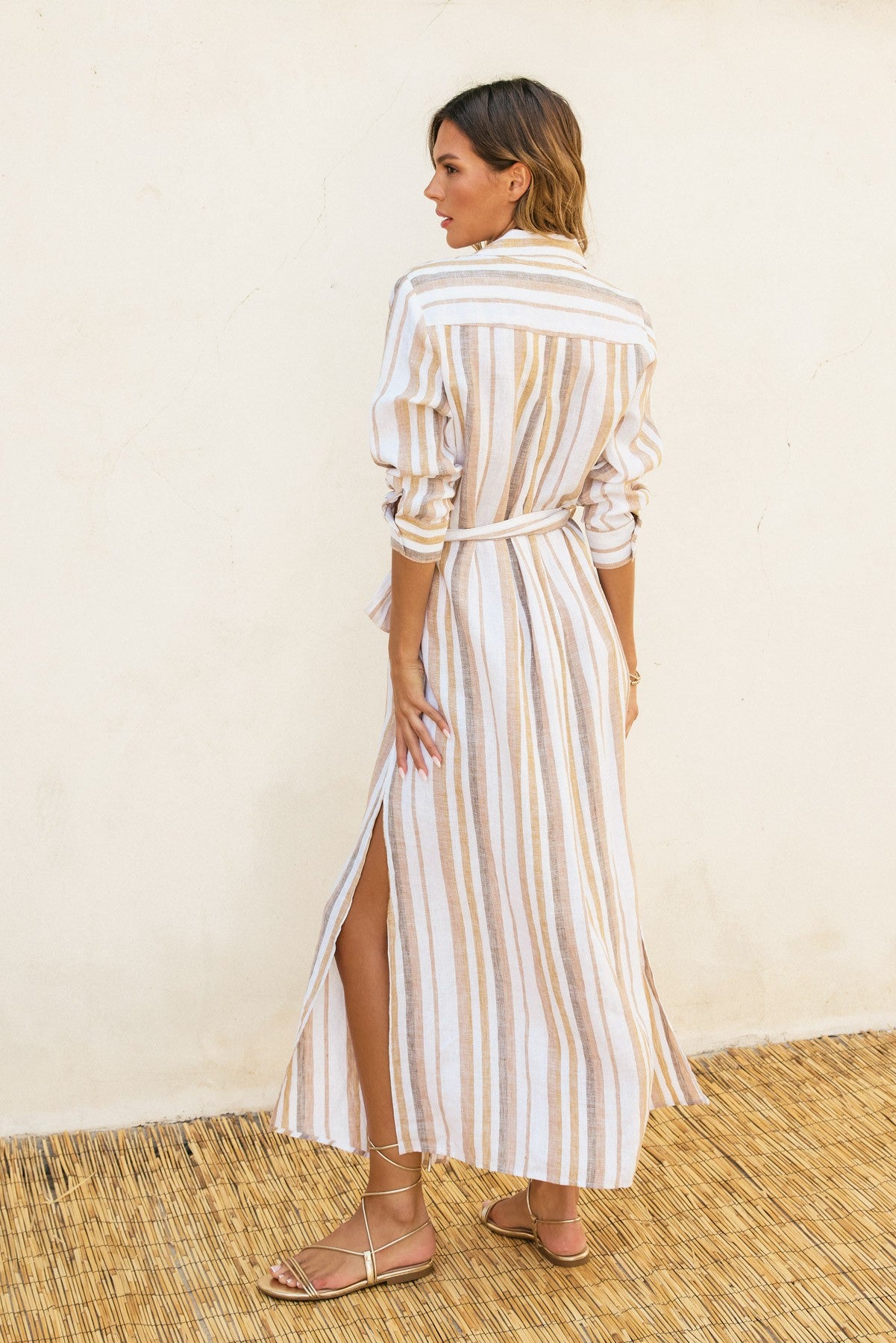 Striped Belted Maxi Shirt Dress