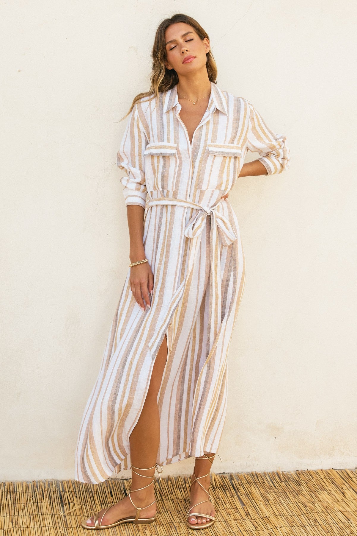 Striped Belted Maxi Shirt Dress